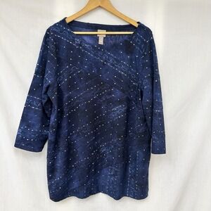 Chico's Women's Sz 3 (XL) Blouse Rhinestone Embroidered Dressy Tunic Blue Print